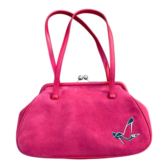Lulu Guinness Pink Suede Kiss Lock Shoulder Bag High Heel Logo - Picture 1 of 15